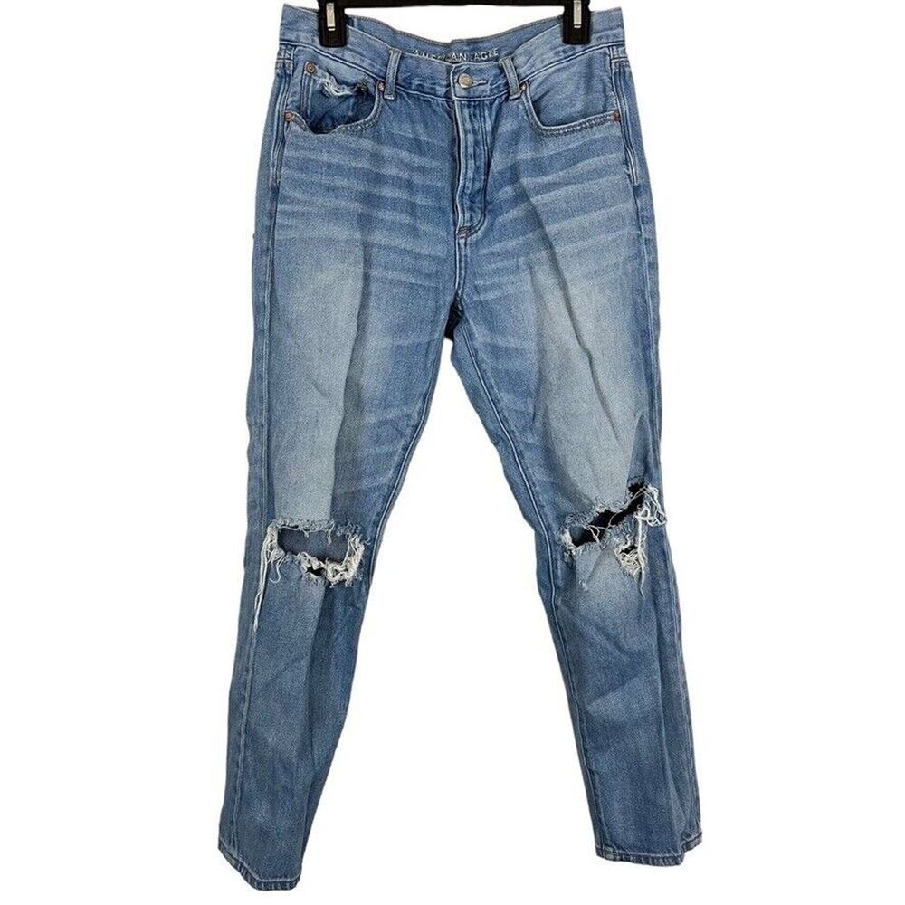 American Eagle Hi-Rise Girlfriend Distressed Medium Wash Womens Blue Jeans sz 8